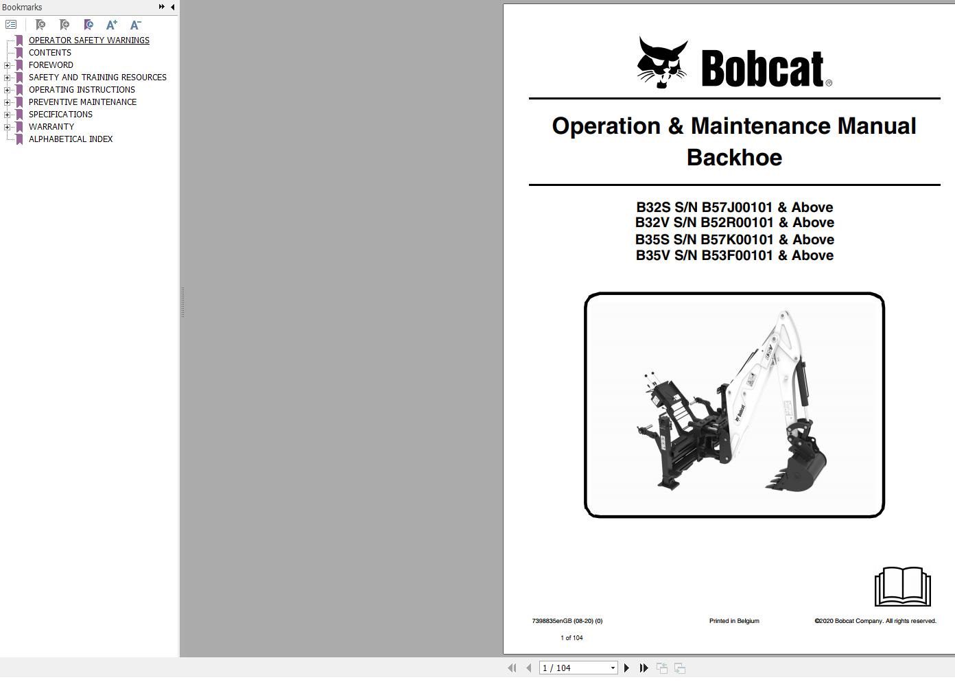 Bobcat Backhoe B32S B32V B35S B35V Operation and Maintenance Manual 7398835 2020