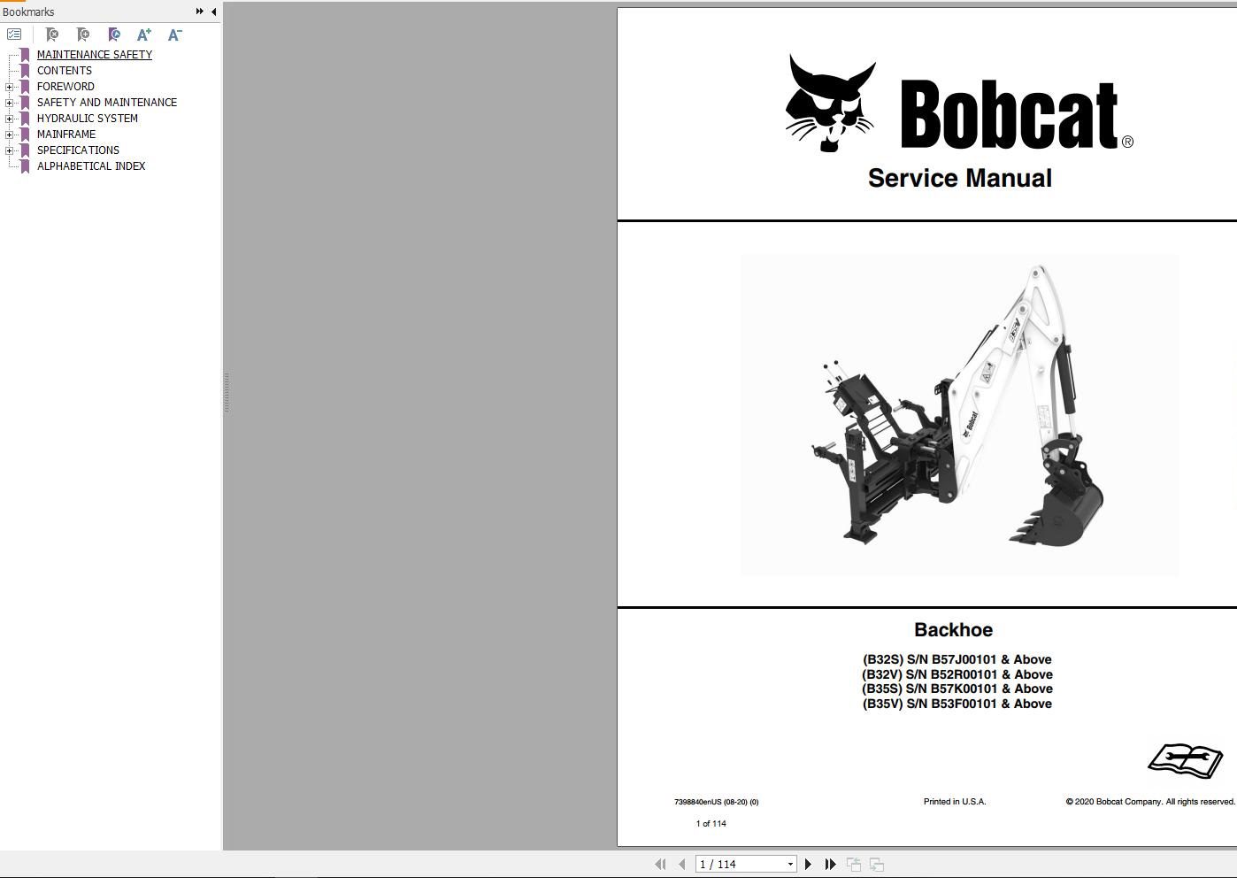 Bobcat Backhoe B32S B32V B35S B35V Service Manual 7398840 08.2020