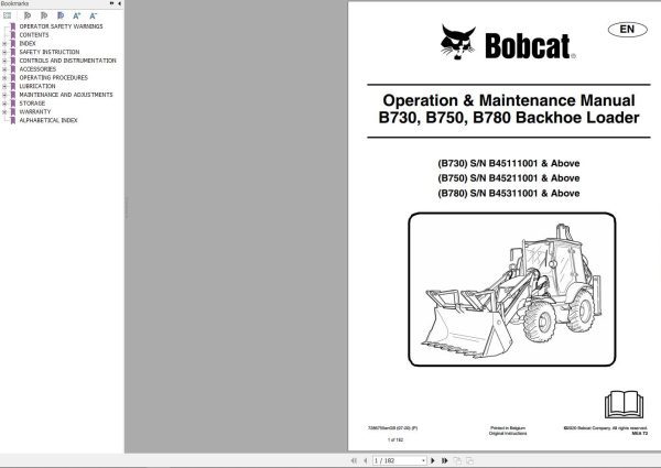 Bobcat Backhoe Loader B730 B750 B780 Operation and Maintenance Manual 7286755 2020