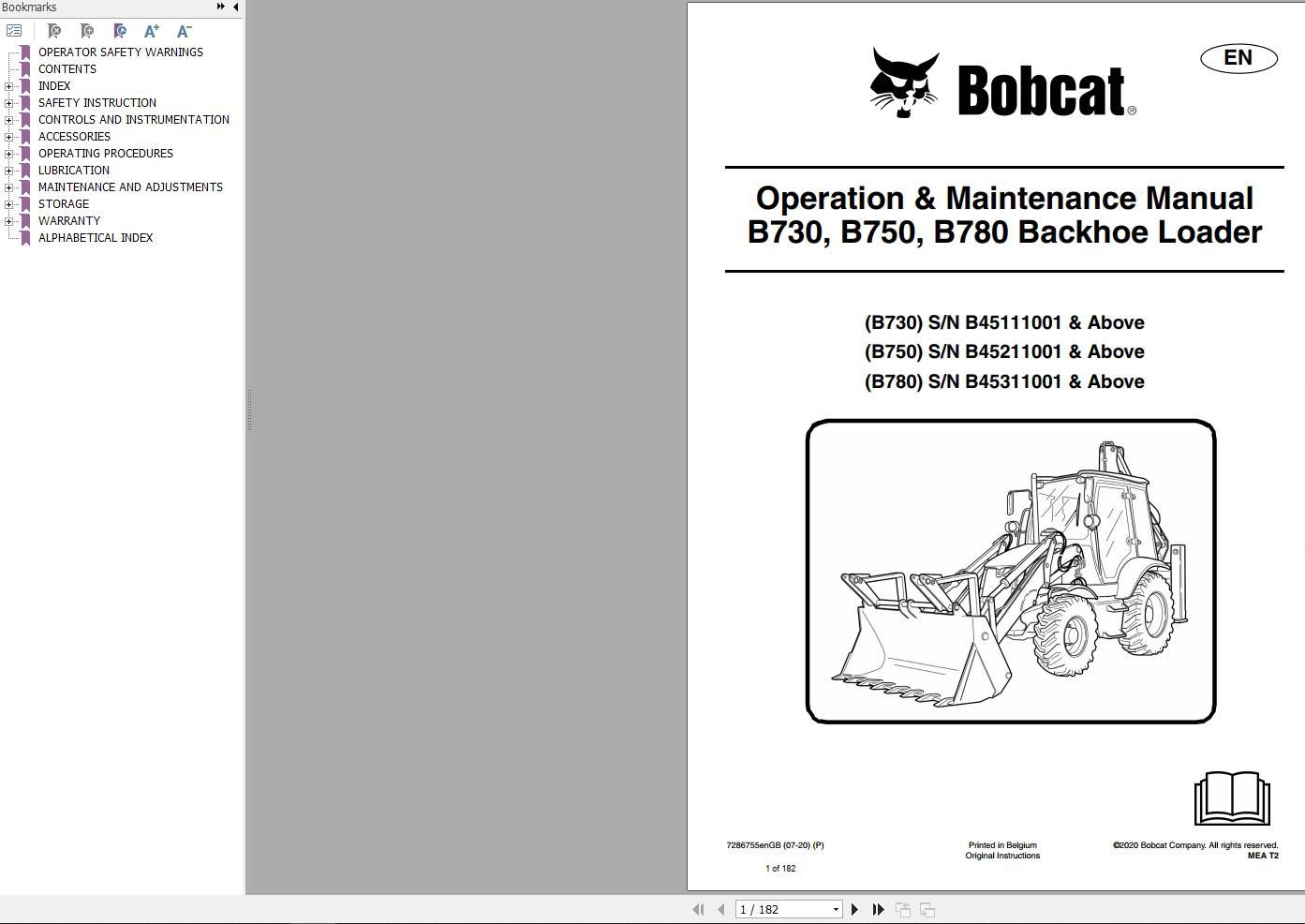 Bobcat Backhoe Loader B730 B750 B780 Operation and Maintenance Manual 7286755 2020