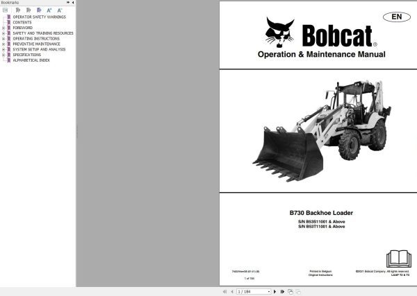 Bobcat Backhoe Loader B730 Operation and Maintenance Manual 2021
