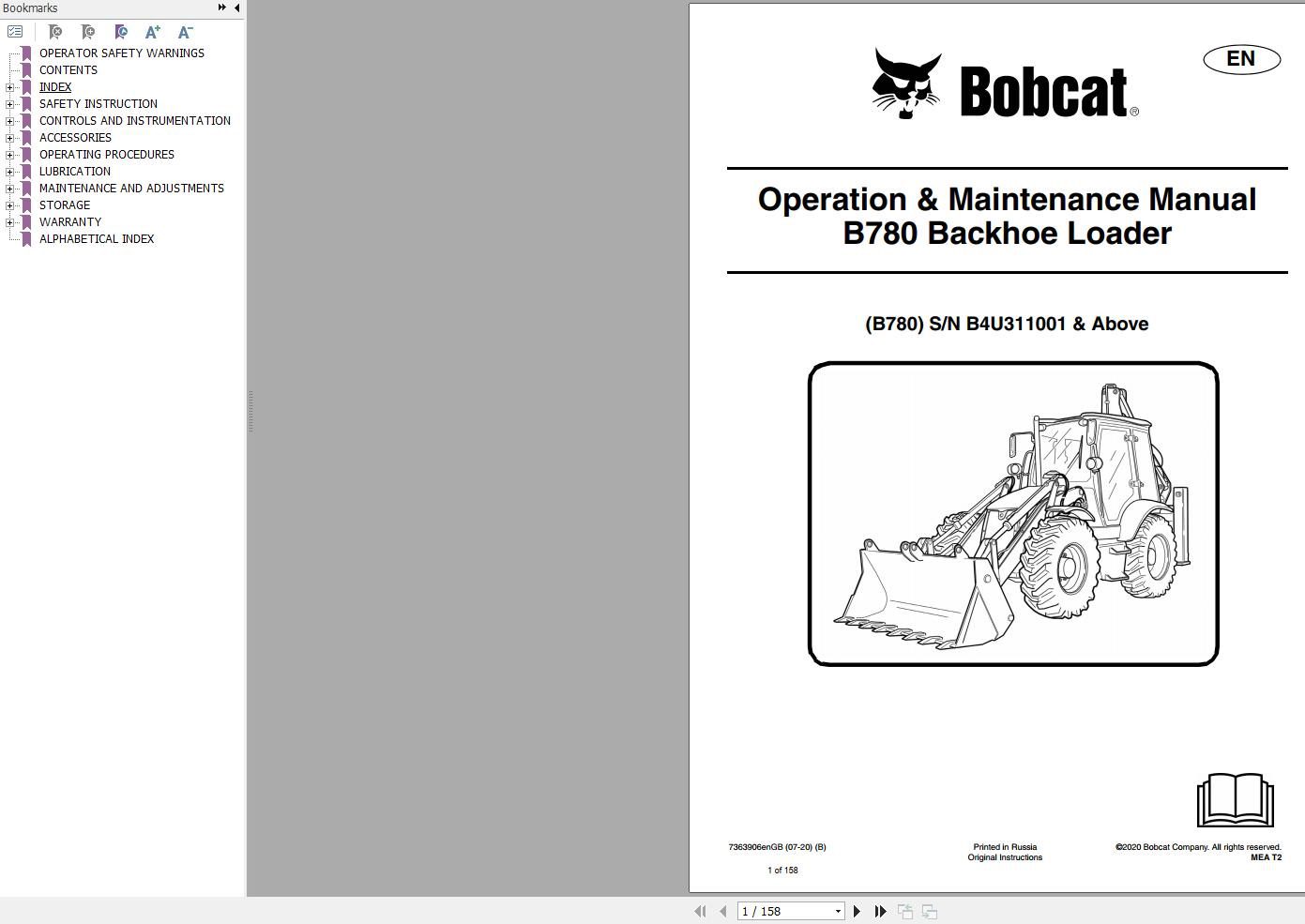 Bobcat Backhoe Loader B780 Operation and Maintenance Manual 7363906 2020