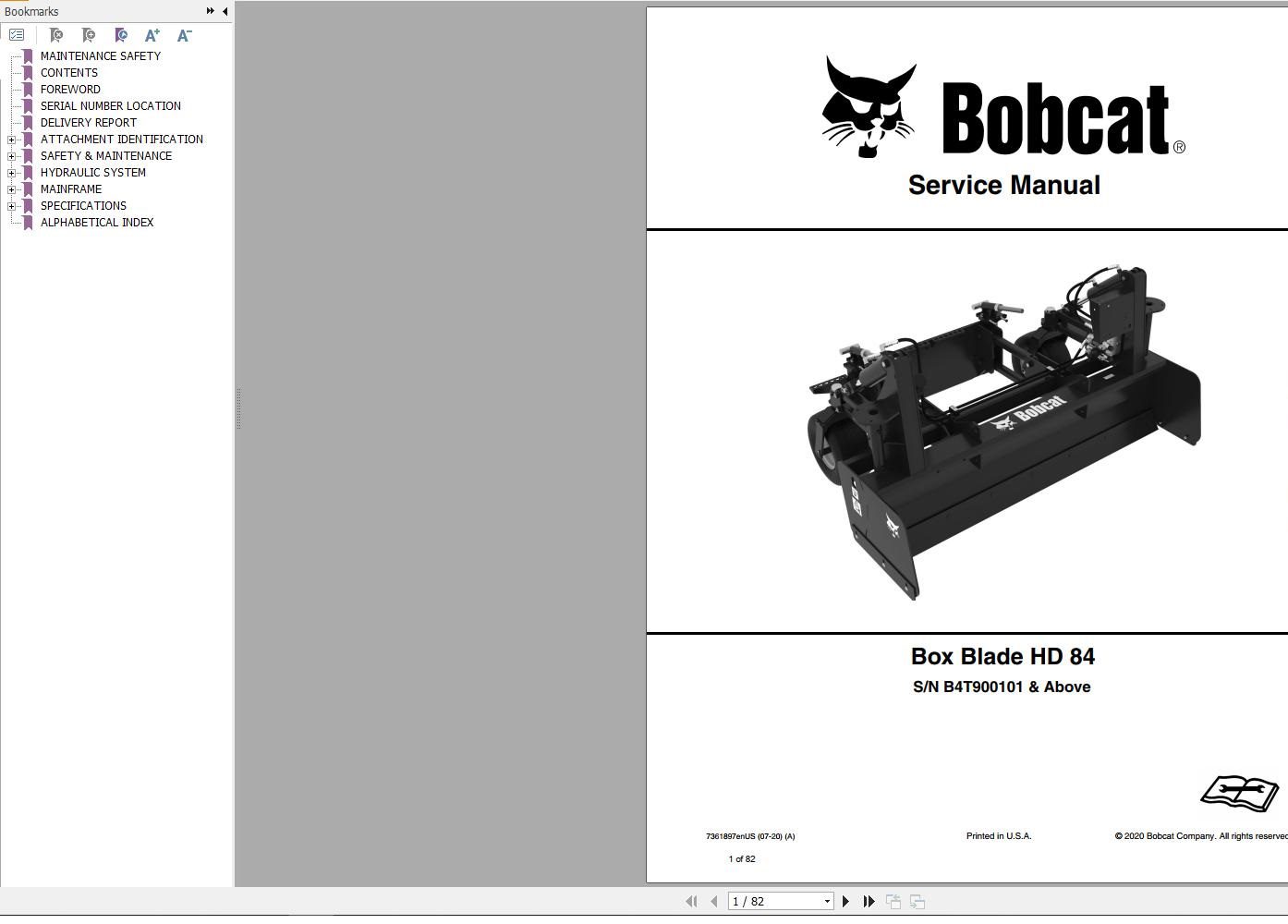 Bobcat Box Blade HD84 Service Manual 7361897 07.2020