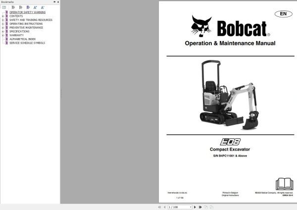 Bobcat Compact Excavator E08 Operation and Maintenance Manual 7349187 2020