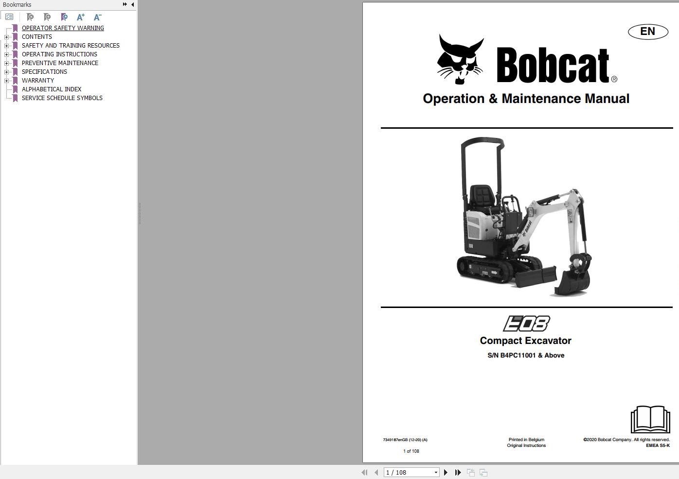Bobcat Compact Excavator E08 Operation and Maintenance Manual 7349187 2020