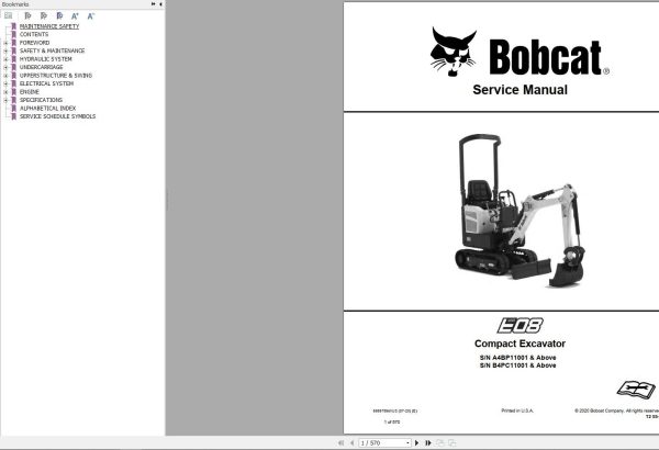 Bobcat Compact Excavator E08 Service Manual 6986785 2020