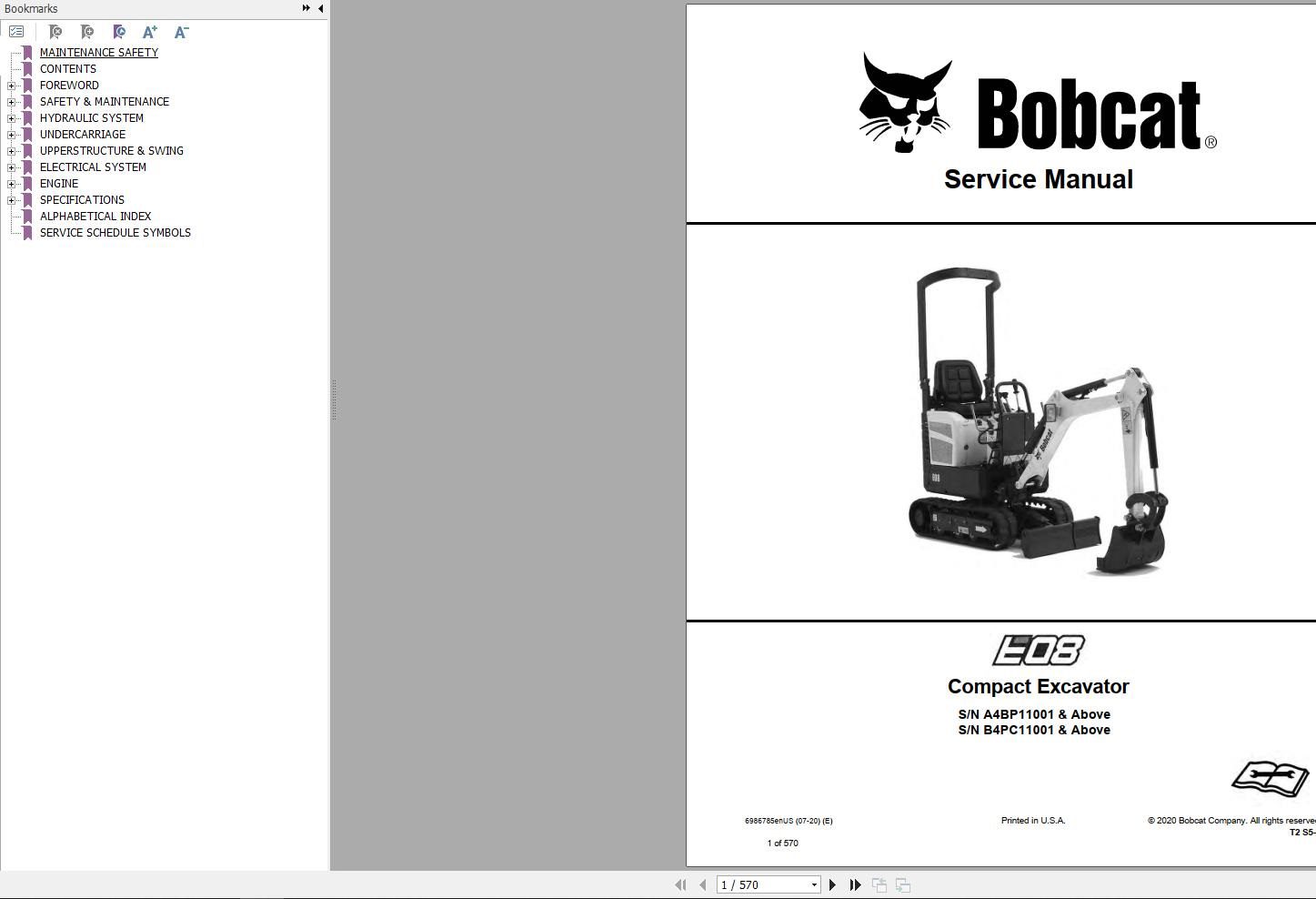 Bobcat Compact Excavator E08 Service Manual 6986785 2020