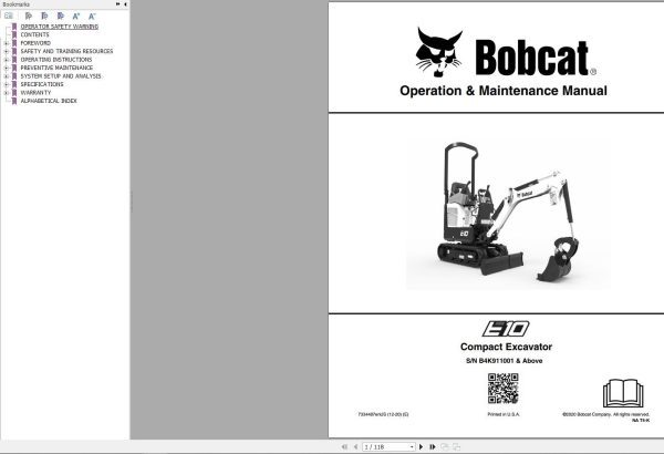 Bobcat Compact Excavator E10 Operation and Maintenance Manual 7334487 2020