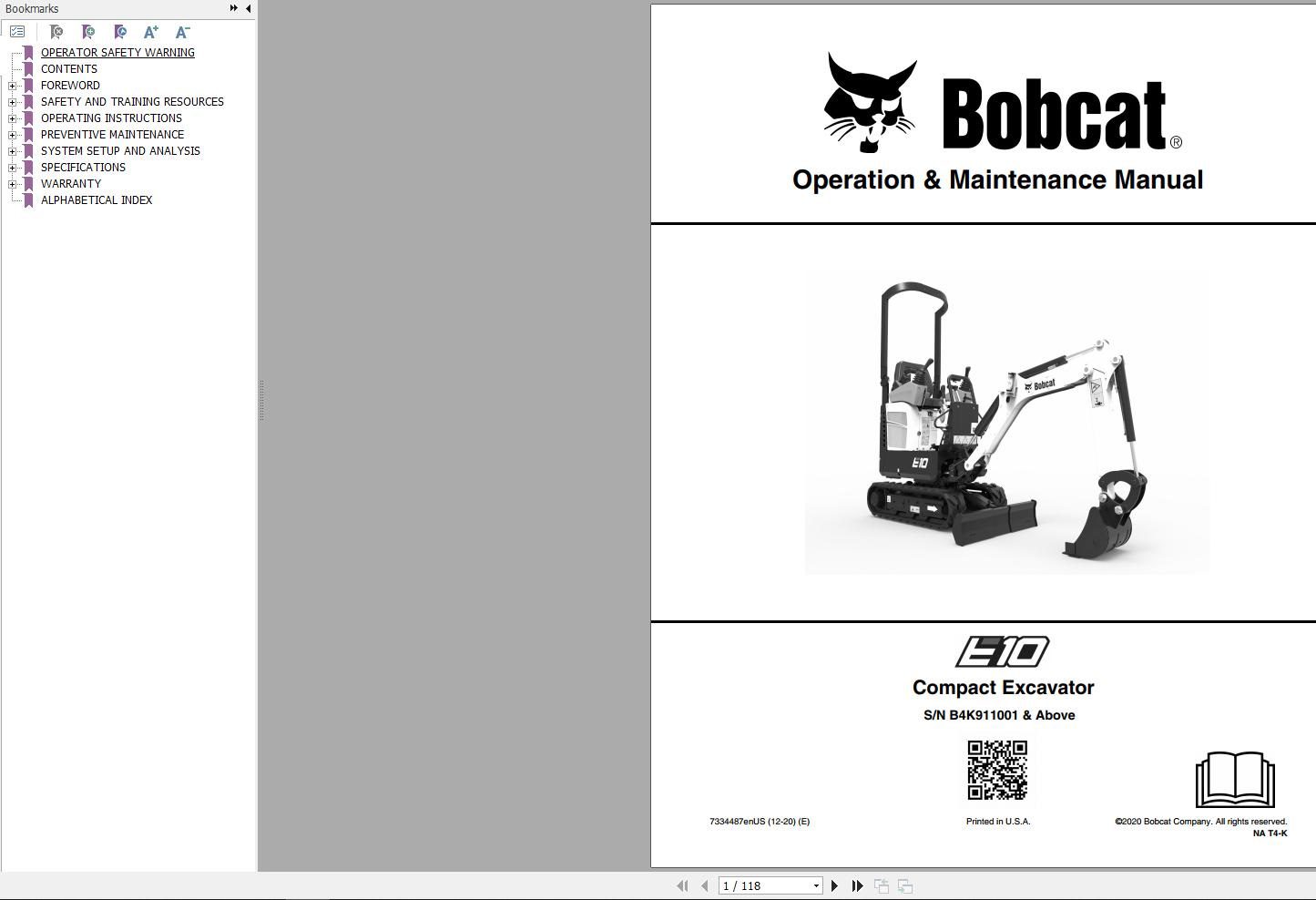 Bobcat Compact Excavator E10 Operation and Maintenance Manual 7334487 2020