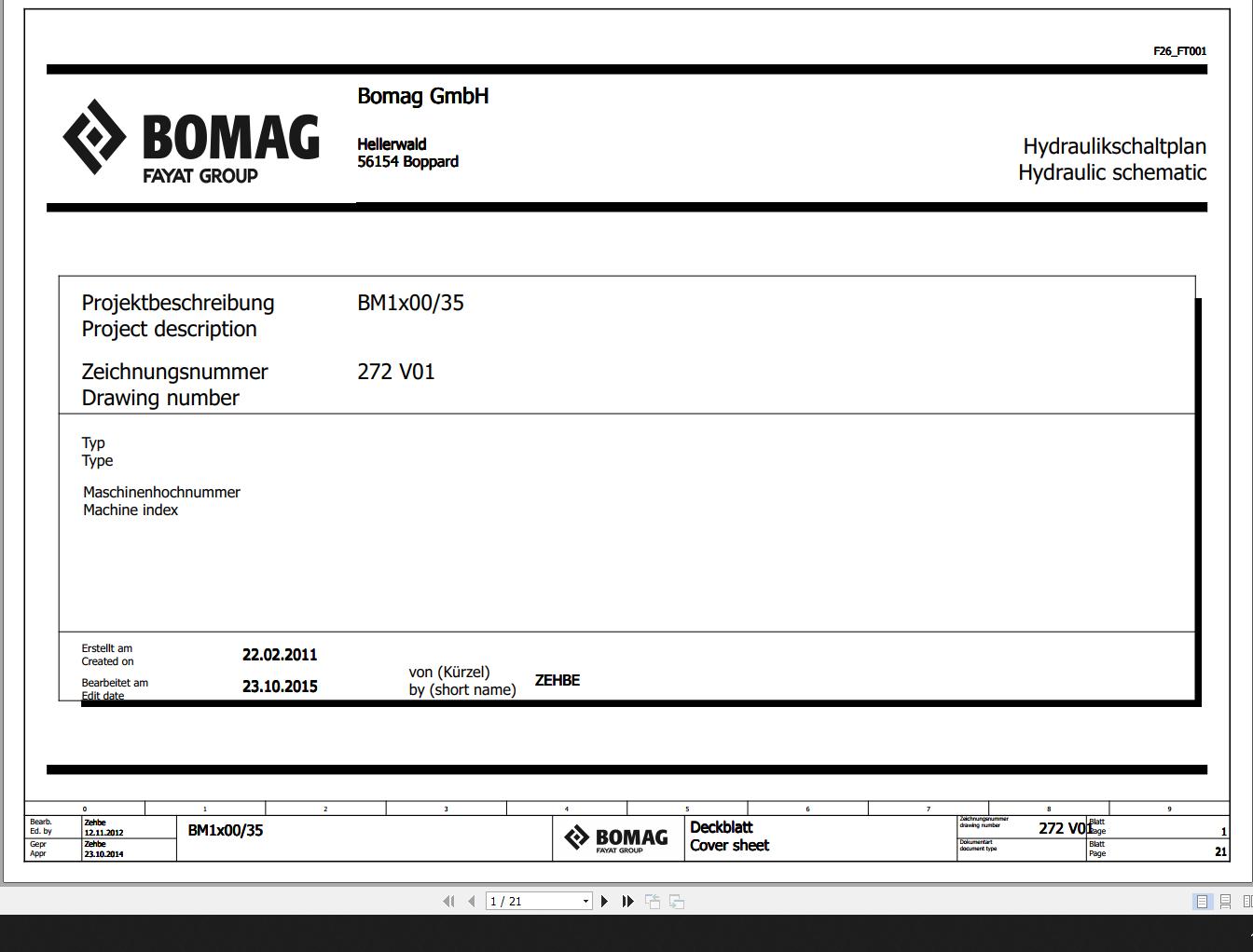 Bomag BM1x00 35 Hydraulic Schematic Function 272 01 000 2015 EN DE