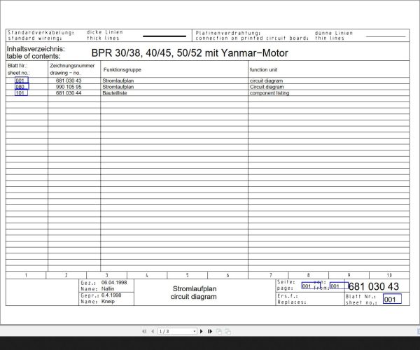Bomag BPR30 3840 4550 52 mit Yanmar Motor Circuit Diagram Drawing No68103043 1998 EN DE