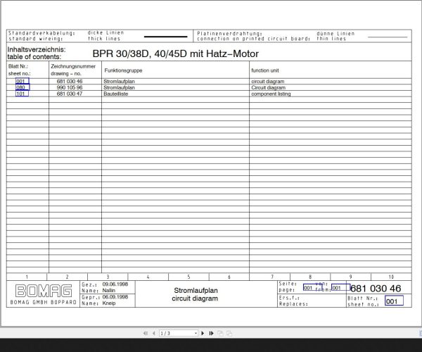 Bomag BPR30 38D40 45D mit Hatz Motor Circuit Diagram Drawing No68103046 1998 EN DE