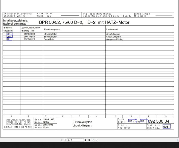 Bomag BPR50 5275 60D 2HD 2 mit Hatz Motor Circuit Diagram Drawing No69250004 1998 EN DE