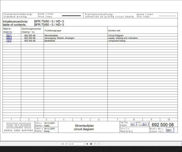 Bomag BPR75 3 60 3 HD 3 Circuit Diagram Drawing No69250008 2001 EN DE
