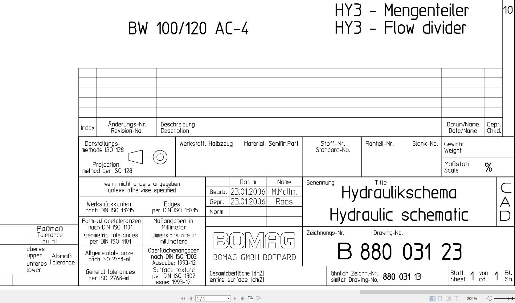 Bomag BW100AC 4 BW120AC 4 Hydraulic Schematic Drawing No 88003123 2006 EN DE 1