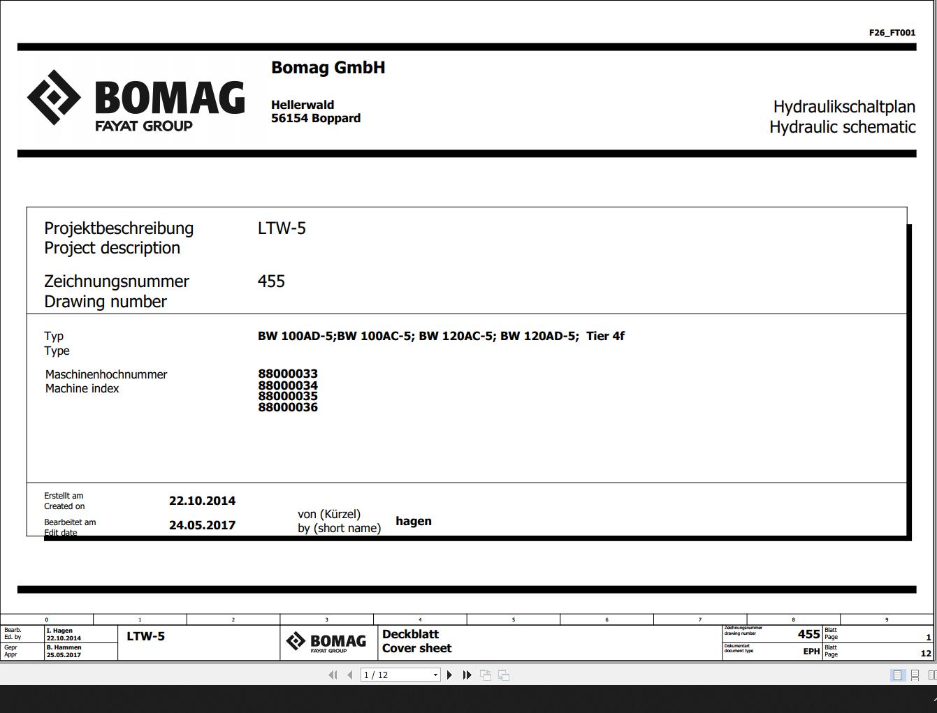 Bomag BW100AD 5 BW100AC 5 BW120AC 5 BW120AD 5 Tier 4f Hydraulic Schematic Function 455 2017 EN DE