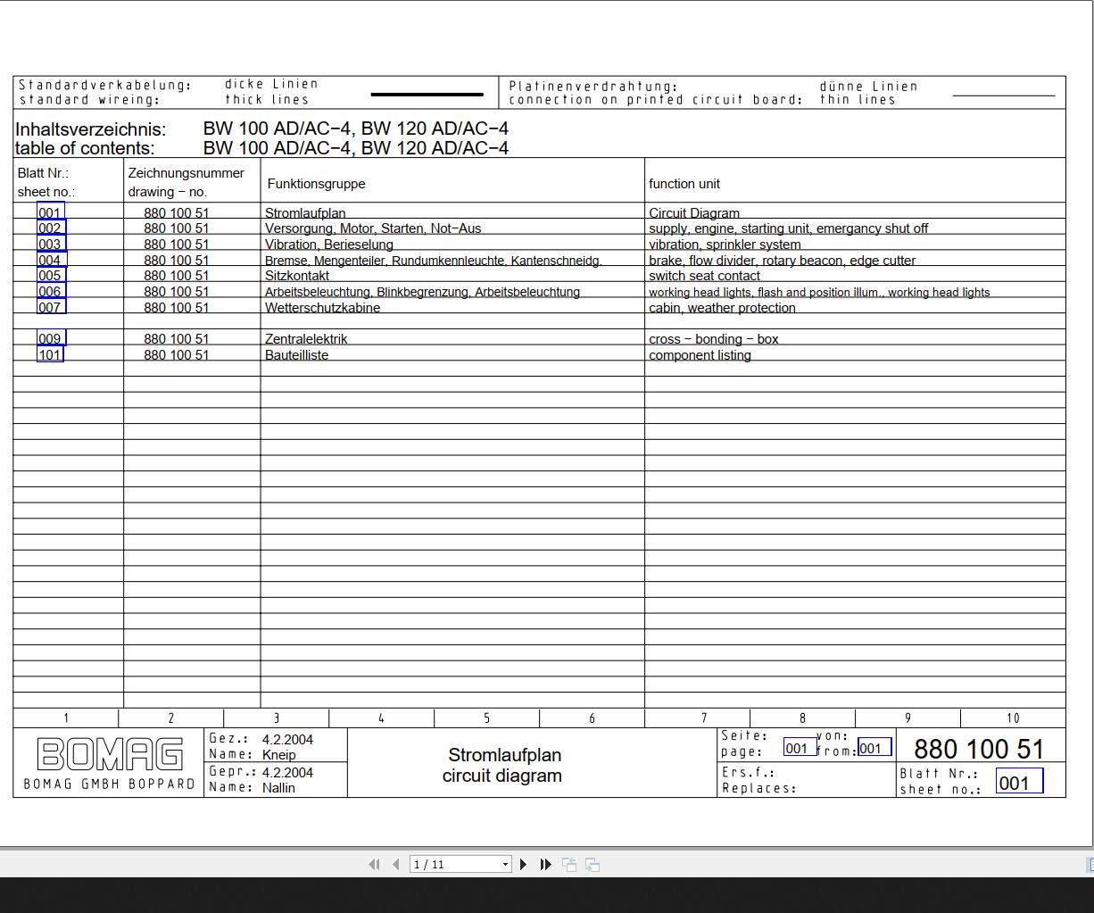 Bomag BW100AD AC 4 BW120AD AC 4 Circuit Diagram Drawing No 88010051 2004 EN DE