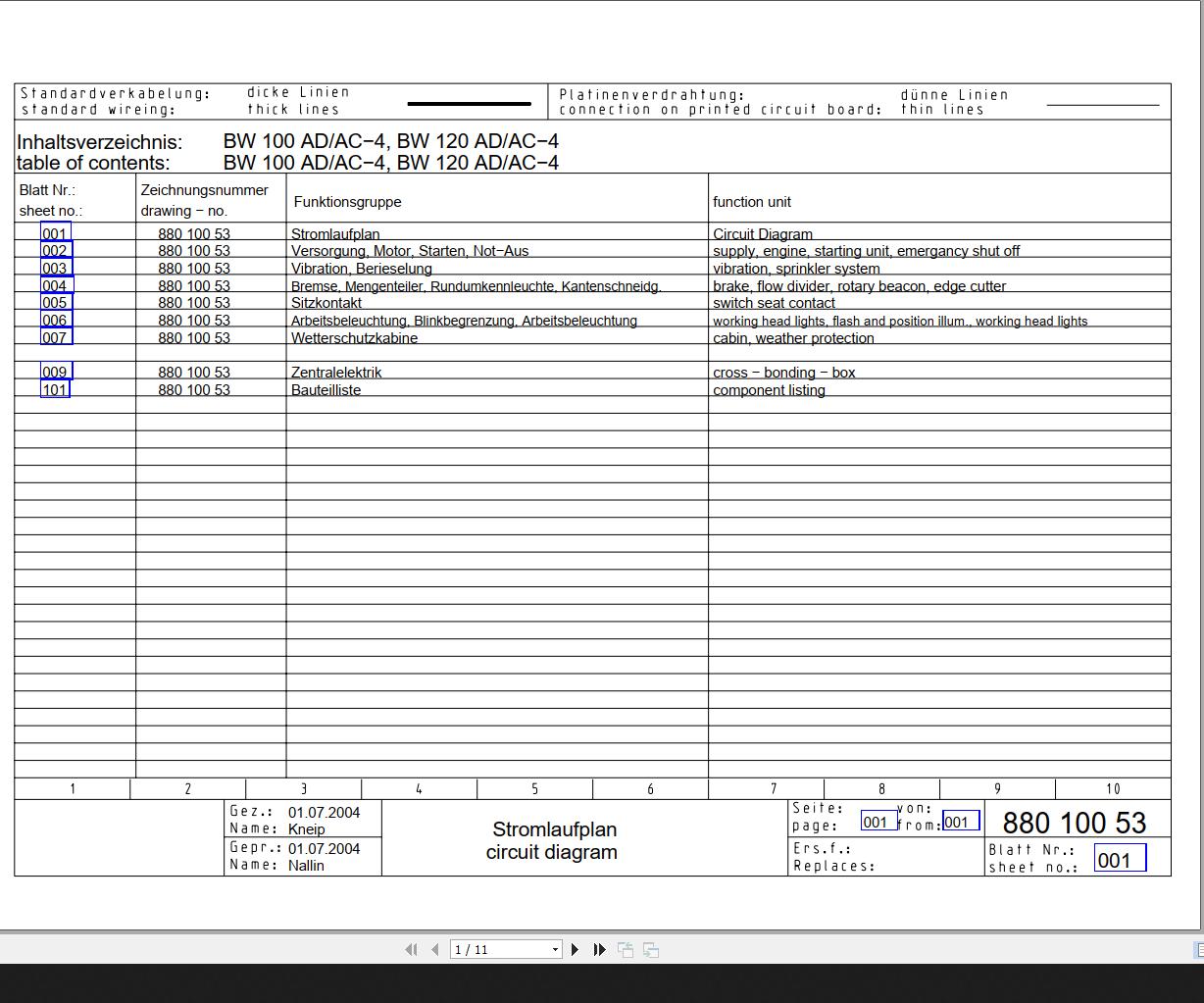 Bomag BW100AD AC 4 BW120AD AC 4 Circuit Diagram Drawing No 88010053 2004 EN DE