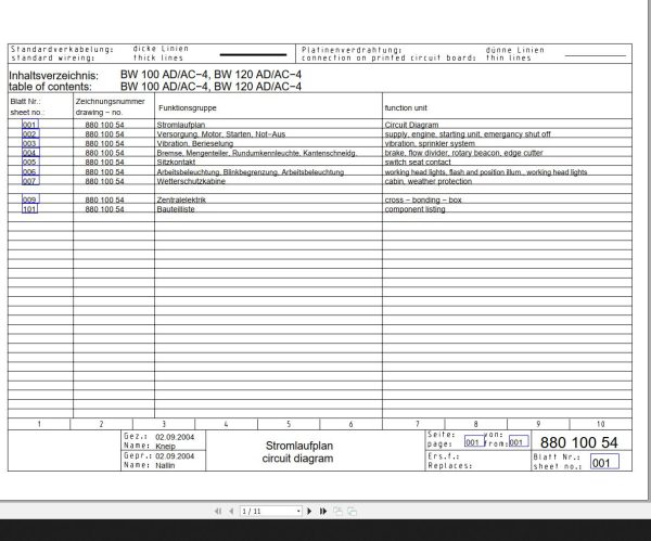 Bomag BW100AD AC 4 BW120AD AC 4 Circuit Diagram Drawing No 88010054 2004 EN DE