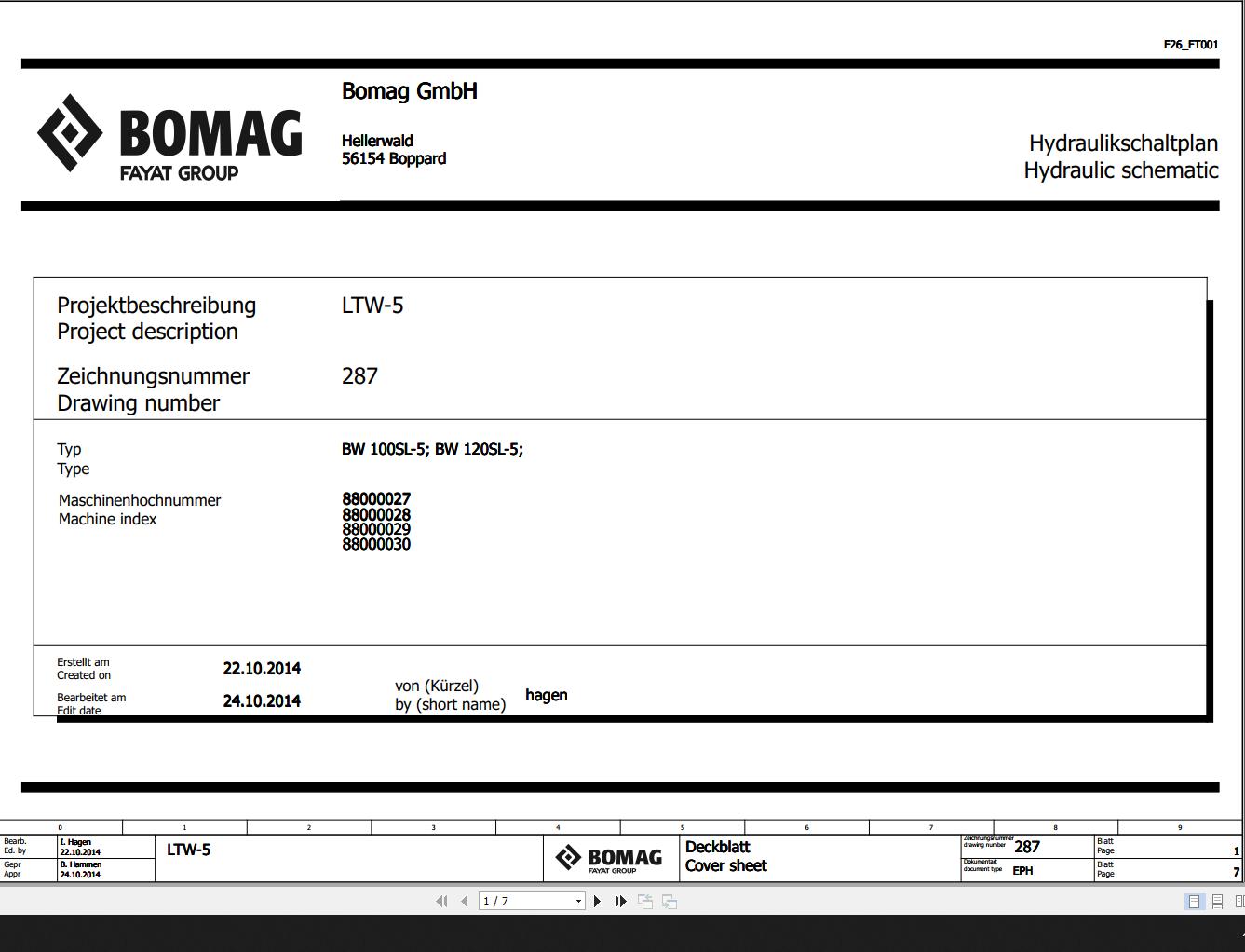 Bomag BW100SL 5 BW120SL 5 Hydraulic Schematic Function 287 2014 EN DE