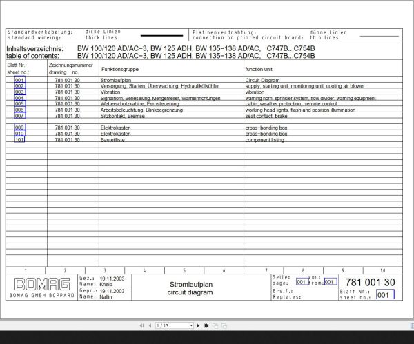 Bomag BW100 120 AD AC 3 BW125ADH BW135 138 AD AC C747B C754B Circuit Diagram Drawing No 78100130 2003 EN DE 1