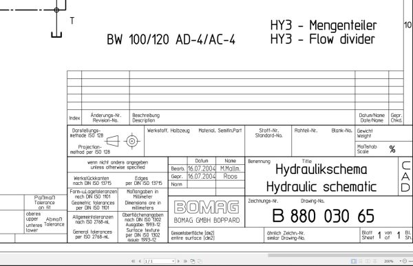 Bomag BW100 120 AD AC 4 Hydraulic Schematic Drawing No 88003065 2004 EN DE 1