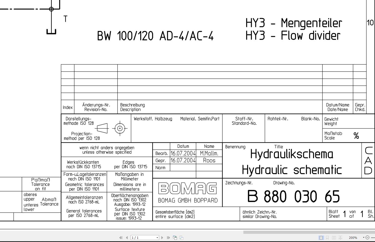 Bomag BW100 120 AD AC 4 Hydraulic Schematic Drawing No 88003065 2004 EN DE 1