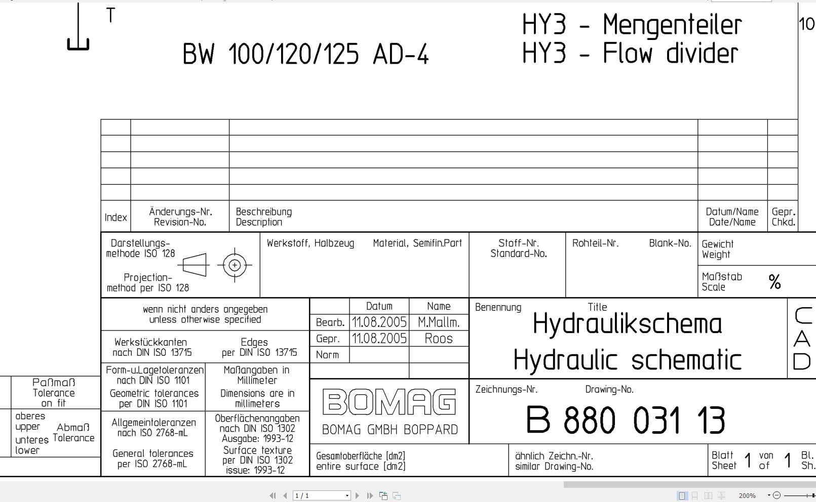 Bomag BW100 120 125 AD 4 Hydraulic Schematic Drawing No 88003113 2005 EN DE 1