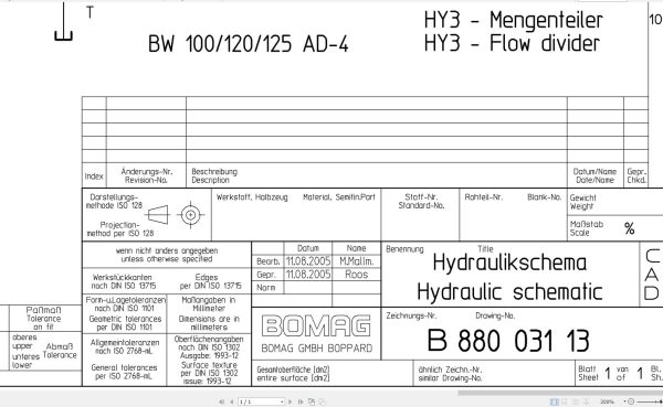 Bomag BW100 120 125 AD 4 Hydraulic Schematic Drawing No 88003113 2005 EN DE