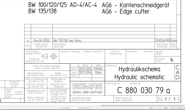 Bomag BW100 120 125 AD AC 4 BW135 138 Hydraulic Schematic Drawing No 88003079 2004 EN DE
