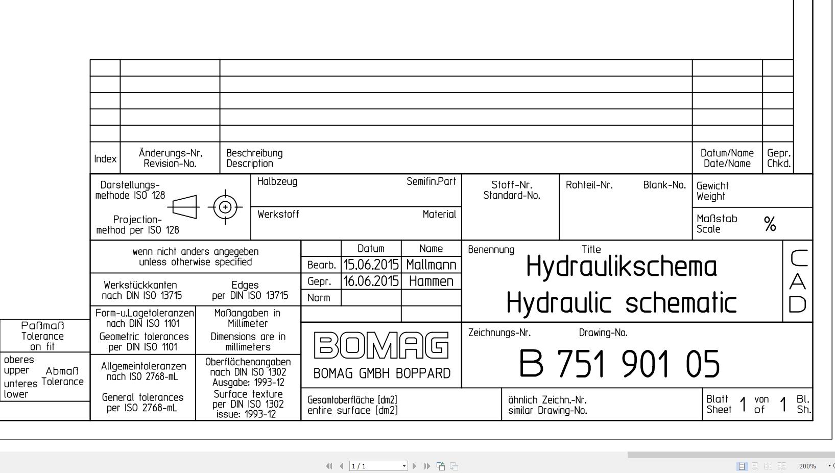 Bomag BW115AC 5 Hydraulic Schematic Drawing No 75190105 2015 EN DE