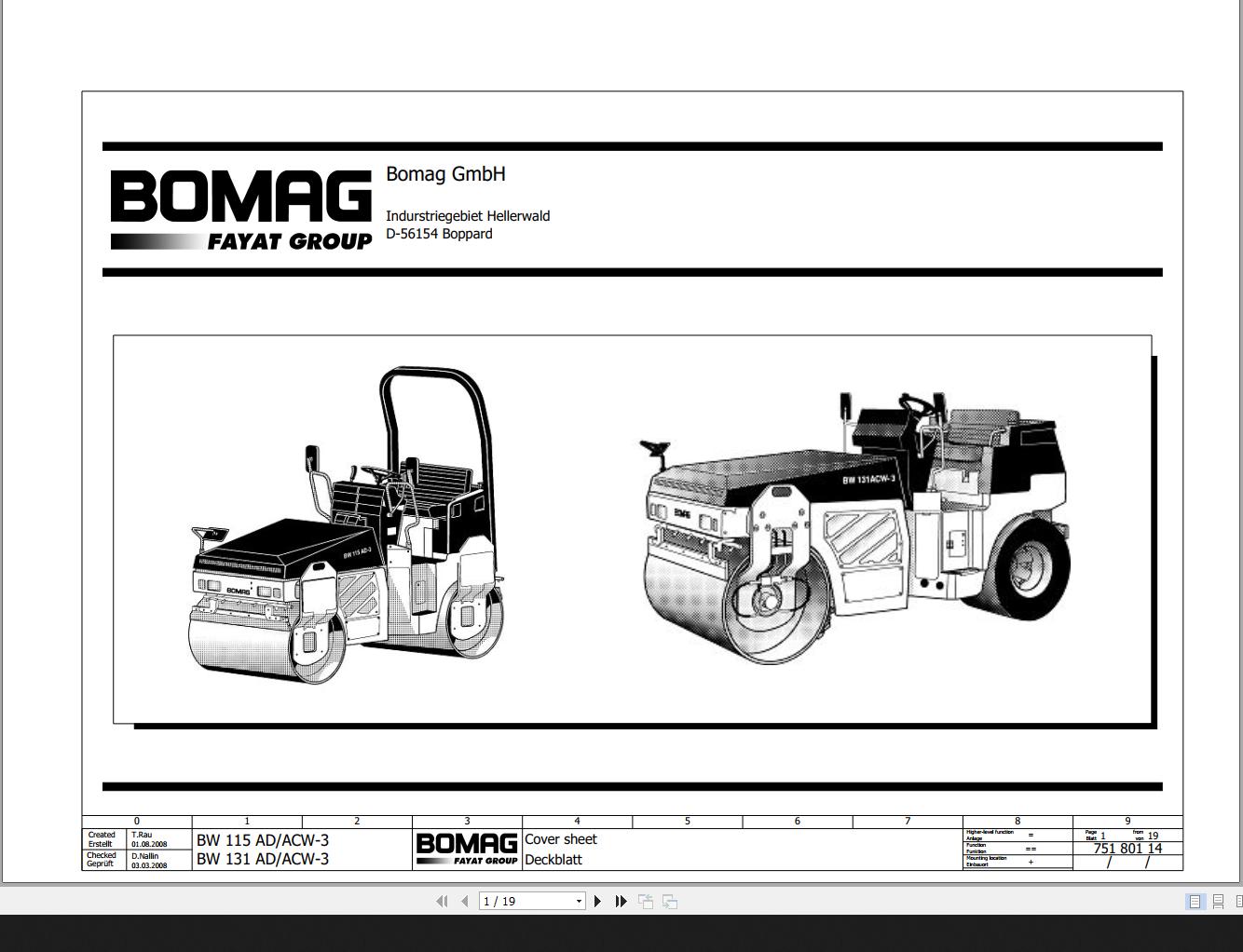 Bomag BW115AD 3 BW115ACW 3 BW131AD 3 BW131ACW 3 Circuit Diagram Drawing No 75180114 2008 EN DE