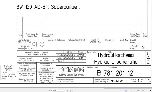 Bomag BW120AD 3 Hydraulic Schematic Drawing No 78120112 2004 EN DE