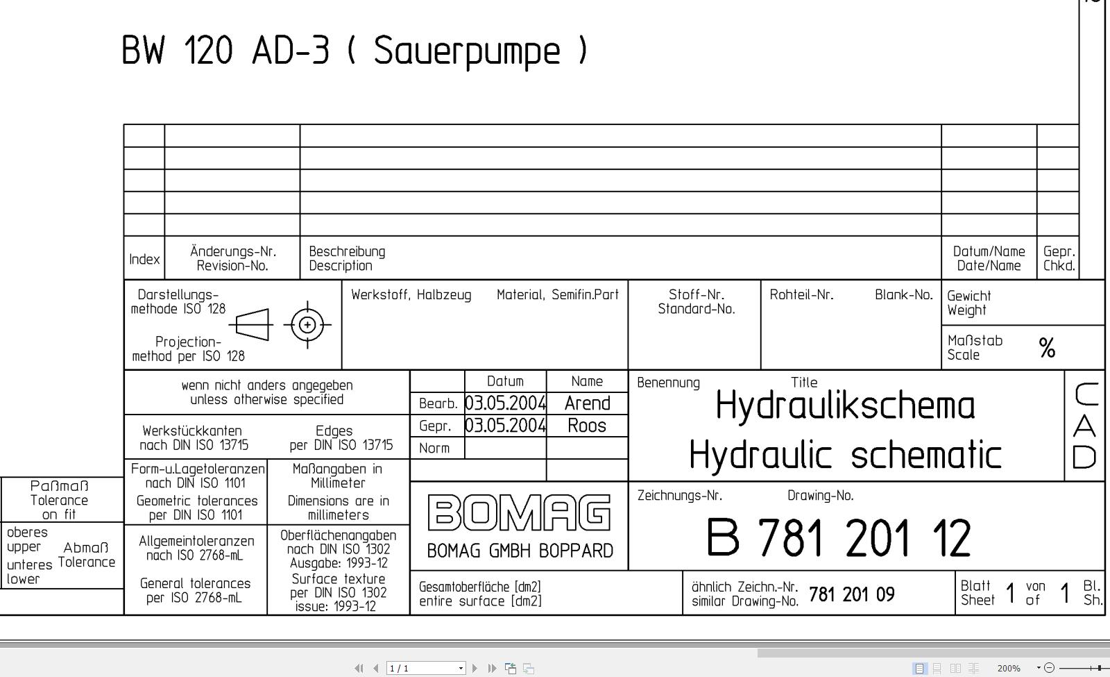 Bomag BW120AD 3 Hydraulic Schematic Drawing No 78120112 2004 EN DE