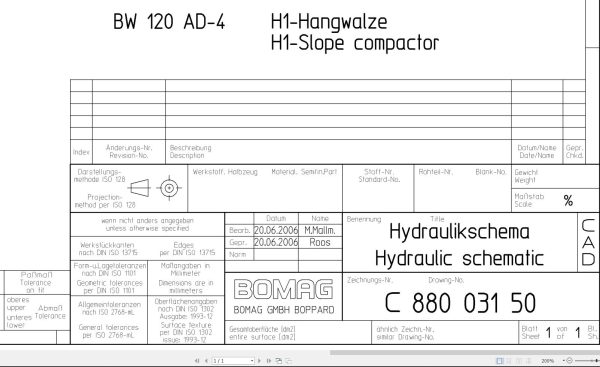 Bomag BW120AD 4 Hydraulic Schematic Drawing No 88003150 2006 EN DE