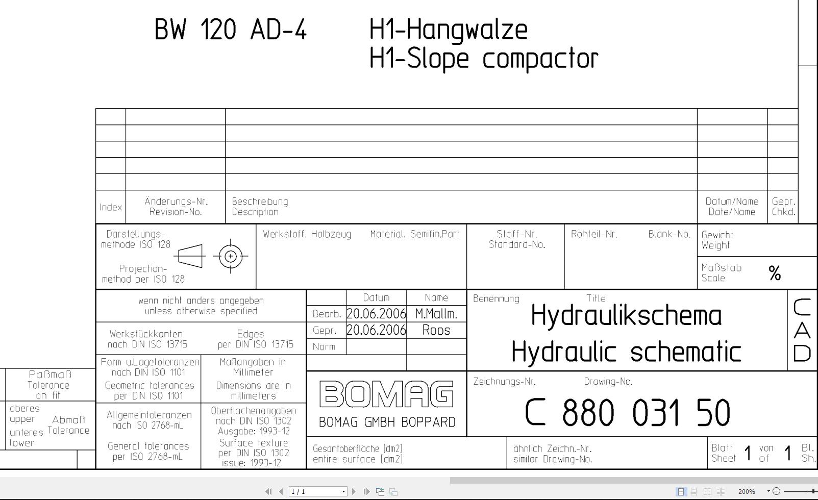 Bomag BW120AD 4 Hydraulic Schematic Drawing No 88003150 2006 EN DE