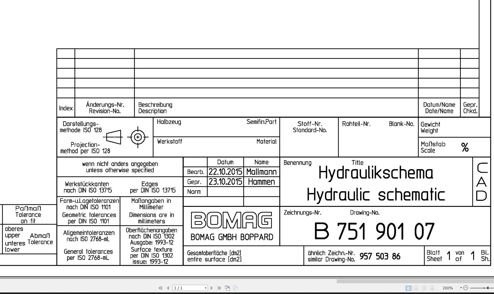 Bomag BW131AD 5 Hydraulic Schematic Drawing No 75190107 2015 EN DE