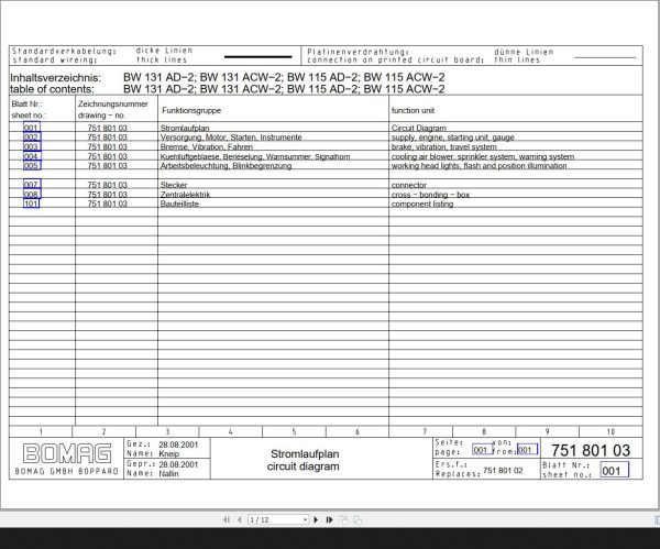 Bomag BW131 115 AD 2 BW131 115 ACW 2 Circuit Diagram Drawing No 75180103 2001 EN DE