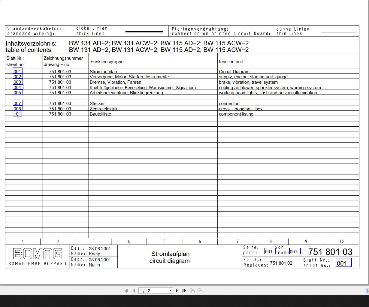 Bomag BW131 115 AD 2 BW131 115 ACW 2 Circuit Diagram Drawing No 75180103 2001 EN DE