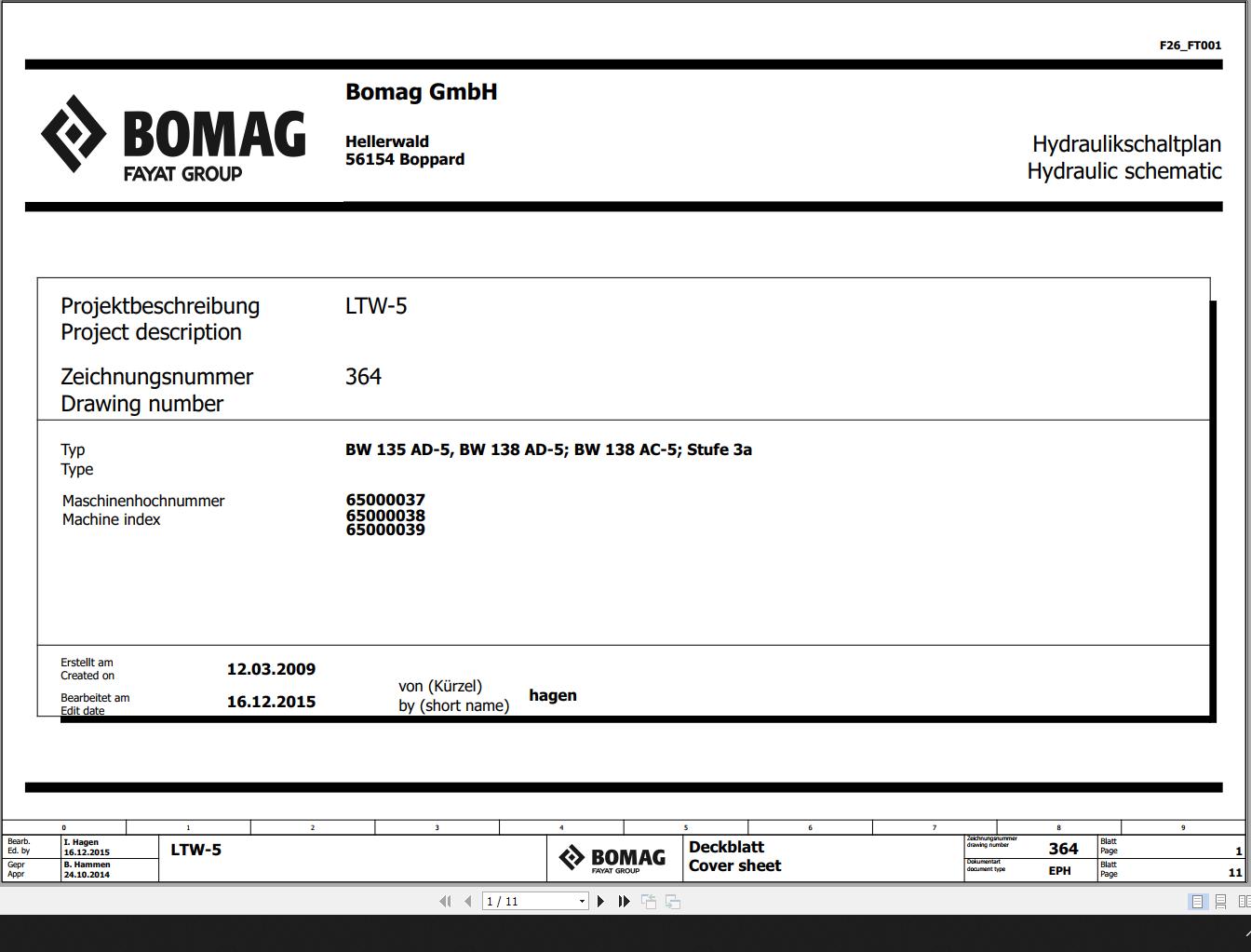 Bomag BW135AD 5 BW138AD 5 BW138AC 5 Stufe 3a Hydraulic Schematic Function 364 2015 EN DE 1