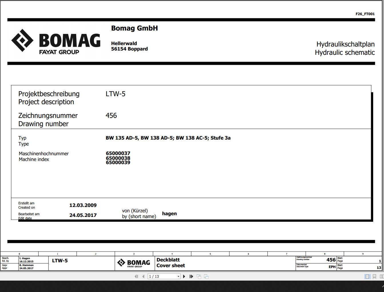 Bomag BW135AD 5 BW138AD 5 BW138AC 5 Stufe 3a Hydraulic Schematic Function 456 2017 EN DE
