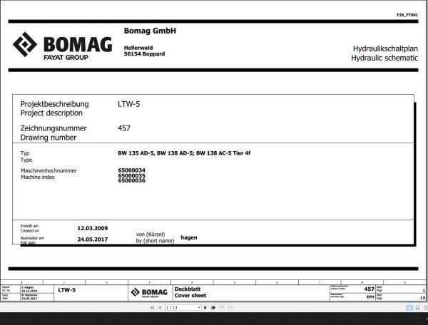 Bomag BW135AD 5 BW138AD 5 BW138AC 5 T4f Hydraulic Schematic Function 457 2017 EN DE 1