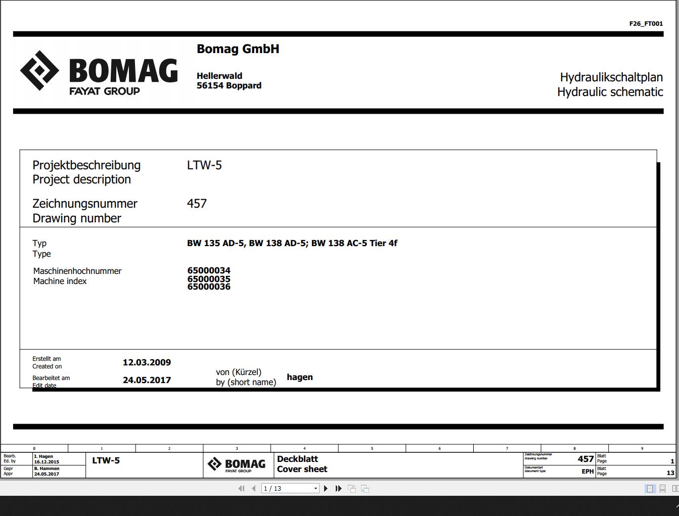 Bomag BW135AD 5 BW138AD 5 BW138AC 5 T4f Hydraulic Schematic Function 457 2017 EN DE 1