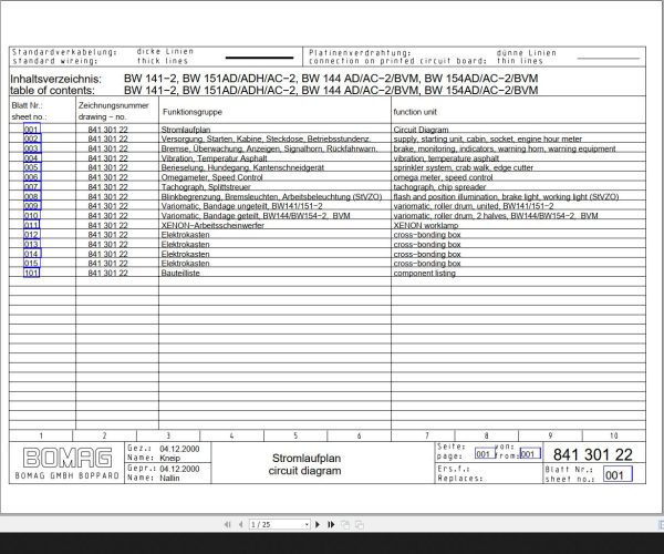 Bomag BW141 2 BW151AD ADH AC 2 BW144AD AC−2 BVM BW154AD AC−2 BVM Circuit Diagram Drawing No 84130122 2000 EN DE 1 1
