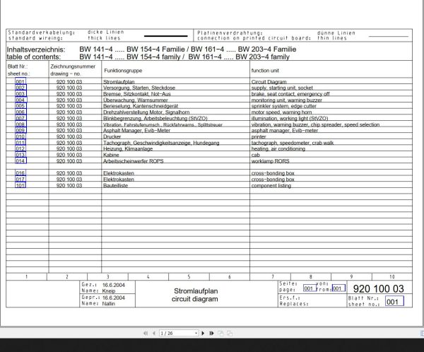 Bomag BW141 4 BW151 4 BW161 4 BW203 4 Family Wiring Diagram Drawing No 92010003 2004 EN DE 1