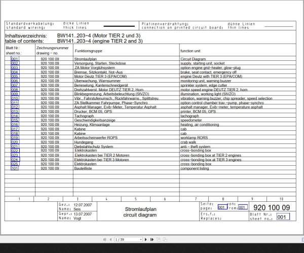 Bomag BW141 4 to BW203 4 Engine Tier23 Wiring Diagram Drawing No 92010009 2007 EN DE