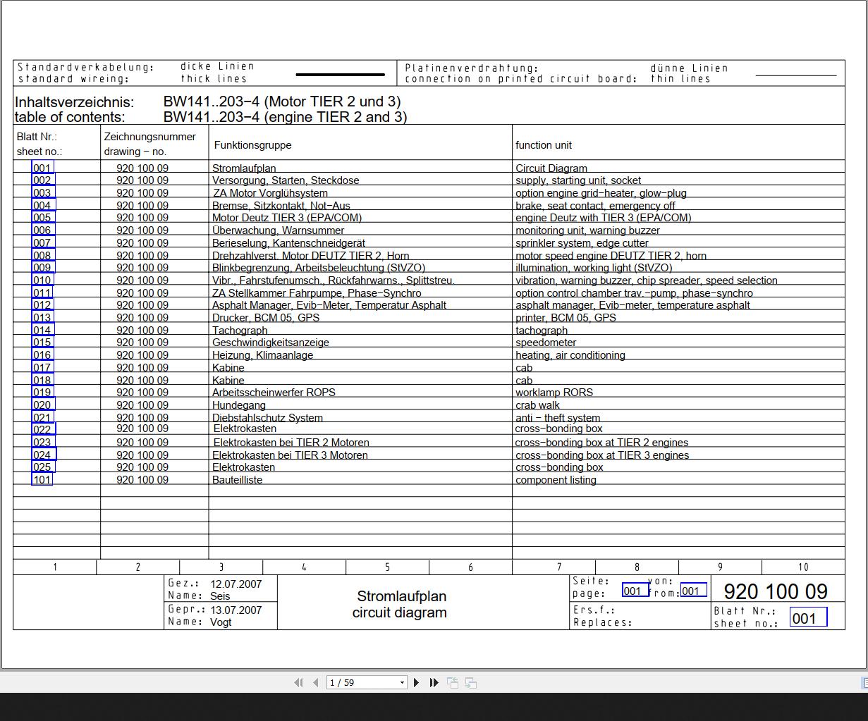 Bomag BW141 4 to BW203 4 Engine Tier23 Wiring Diagram Drawing No 92010009 2007 EN DE