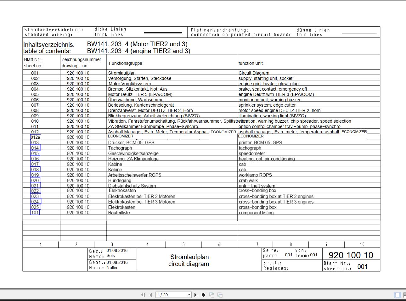 Bomag BW141 4 to BW203 4 Engine Tier23 Wiring Diagram Drawing No 92010010 2016 EN DE