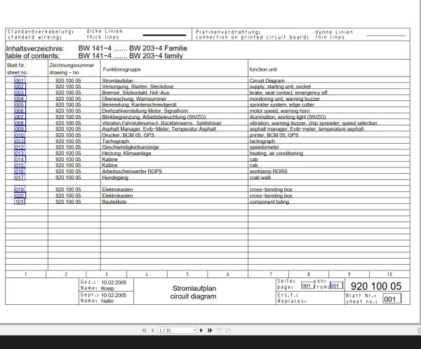 Bomag BW141 4 to BW203 4 Wiring Diagram Drawing No 92010005 2005 EN DE 1
