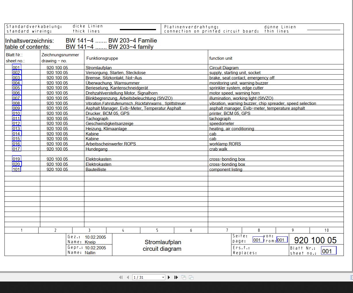 Bomag BW141 4 to BW203 4 Wiring Diagram Drawing No 92010005 2005 EN DE 1
